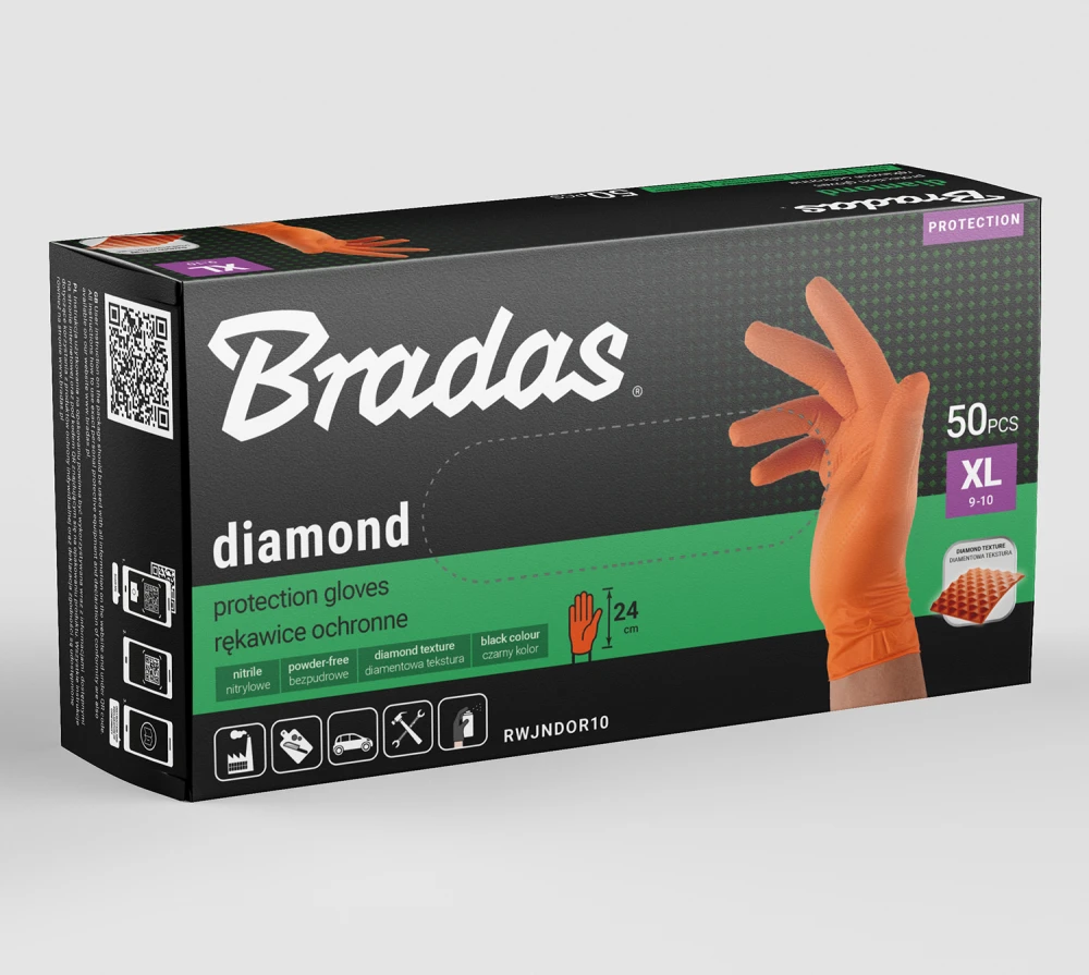 Vienkartinės darbo pirštinės Bradas DIAMOND, oranžinės, XL dydis, 9-10, 50 vnt.