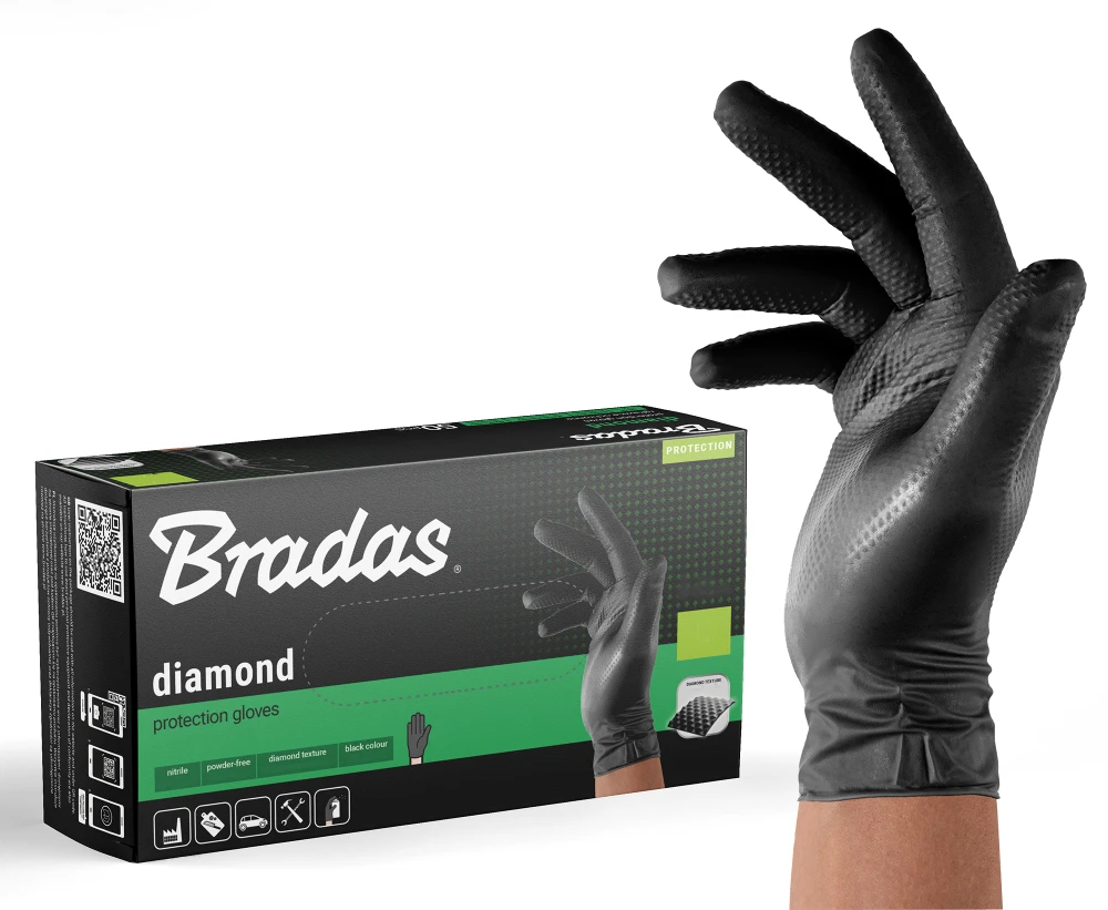 Vienkartinės darbo pirštinės Bradas DIAMOND, juodos, XL dydis, 9-10, 50 vnt.