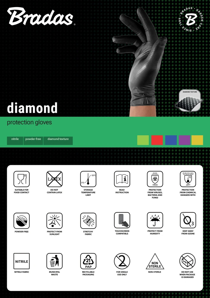 Vienkartinės darbo pirštinės Bradas DIAMOND, juodos, XL dydis, 9-10, 50 vnt.
