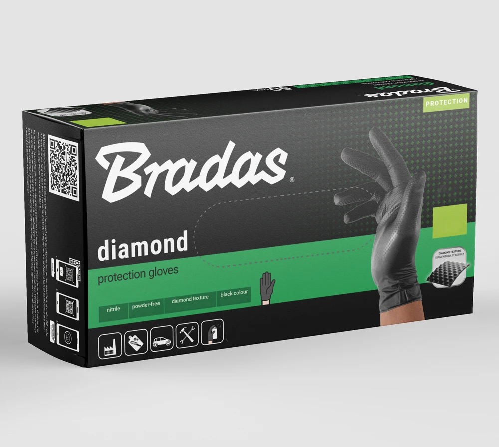 Vienkartinės darbo pirštinės Bradas DIAMOND, juodos, XL dydis, 9-10, 50 vnt.