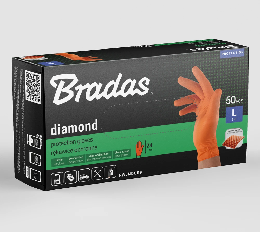 Vienkartinės darbo pirštinės Bradas DIAMOND, oranžinės, L dydis, 8-9, 50 vnt.