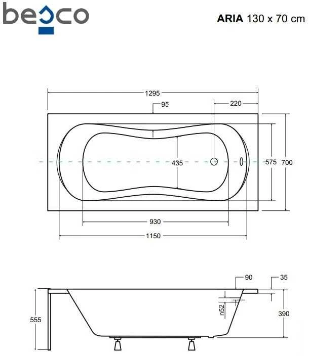 Vonia Besco Aria Plus, 130 x 70 cm, su rankenėlėmis ir juoda apdaila