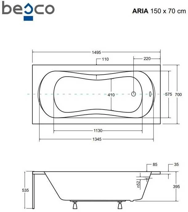 Vonia Besco Aria Plus, 150 x 70 cm, su rankenėlėmis ir juoda apdaila