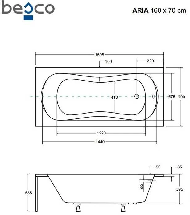 Vonia Besco Aria Plus, 160 x 70 cm, su rankenėlėmis ir rifliuota juoda apdaila