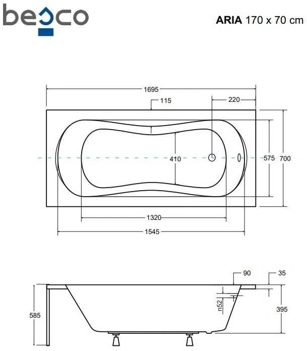 Vonia Besco Aria Plus, 170 x 70 cm, su rankenėlėmis ir rifliuota juoda apdaila