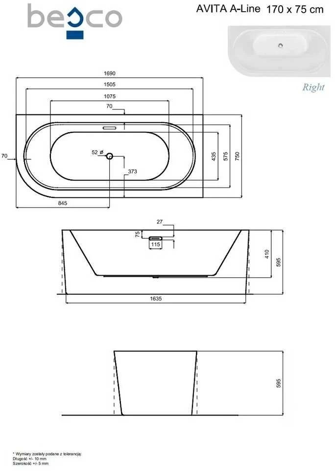 Vonia Besco Avita A-line B&W 170, dešininė, su Klik-klak Gold su persipylimu slim