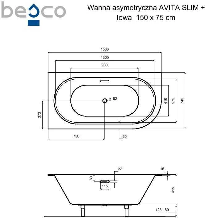 Vonia Besco Avita Slim+, 150 x 75 cm, kairinė, su chrome sifonu