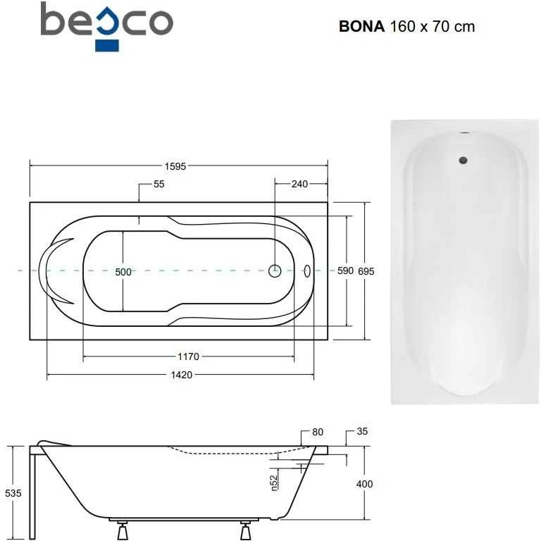 Vonia Besco Bona, 160 x 70 cm, su juoda apdaila
