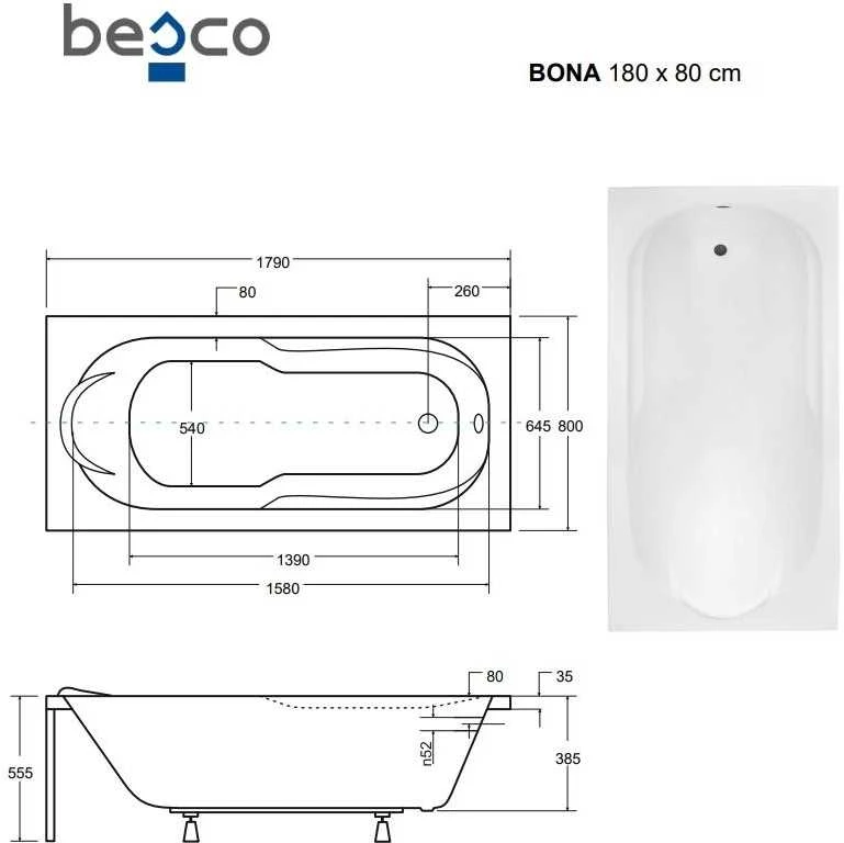 Vonia Besco Bona, 180 x 80 cm, su juoda apdaila