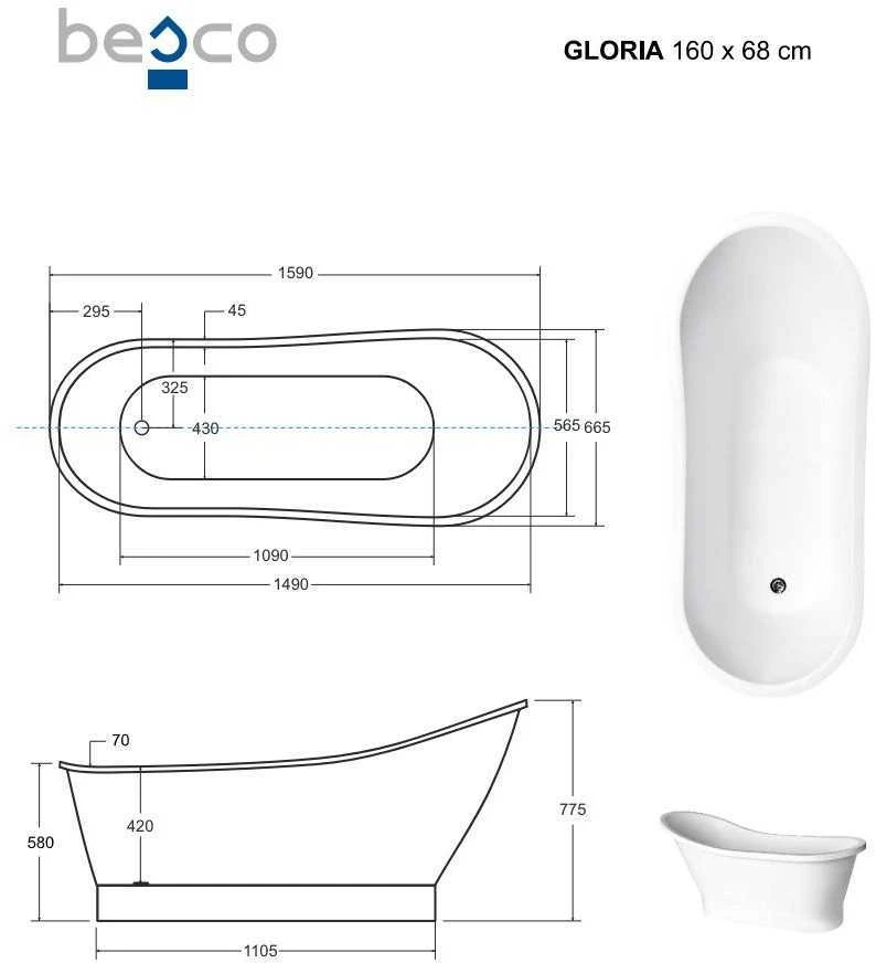 Vonia Besco Gloria Glam Graphite, 160 x 68 cm, su klik-klak chrome