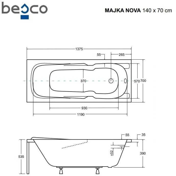 Vonia Besco Majka Nova, 140 x 70 cm, su rifliuota juoda apdaila