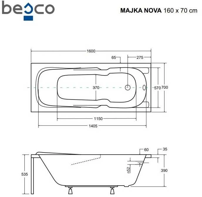 Vonia Besco Majka Nova, 160 x 70 cm, su rifliuota juoda apdaila
