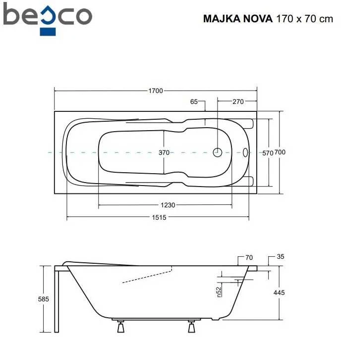 Vonia Besco Majka Nova, 170 x 70 cm, su rifliuota juoda apdaila