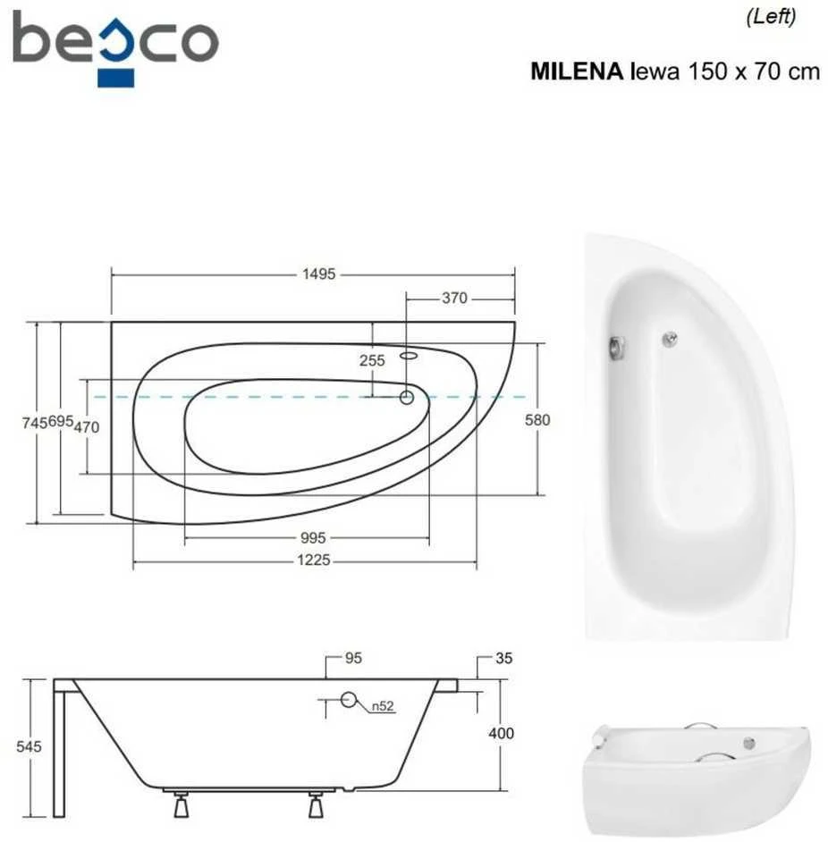 Vonia Besco Milena Premium, 150 x 70 cm, kairinė, su rankenėlėmis ir pagalvėle