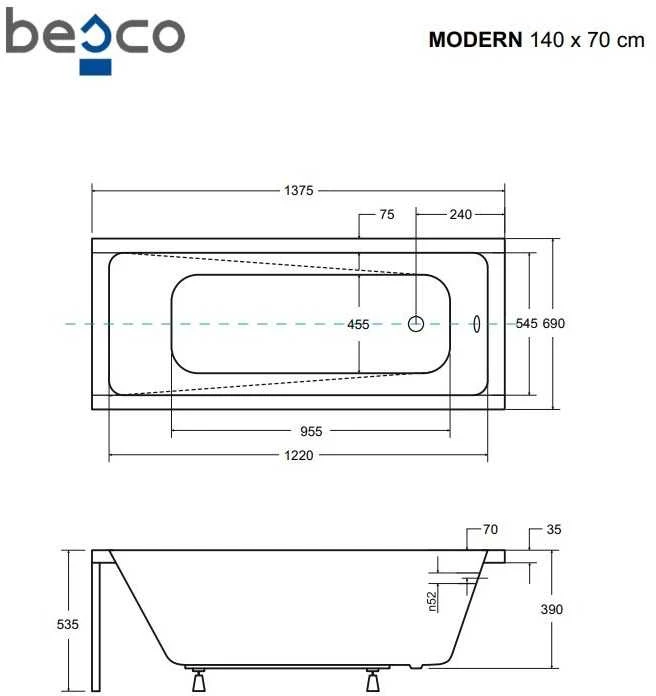 Vonia Besco Modern, 140 x 70 cm, su rifliuota juoda apdaila