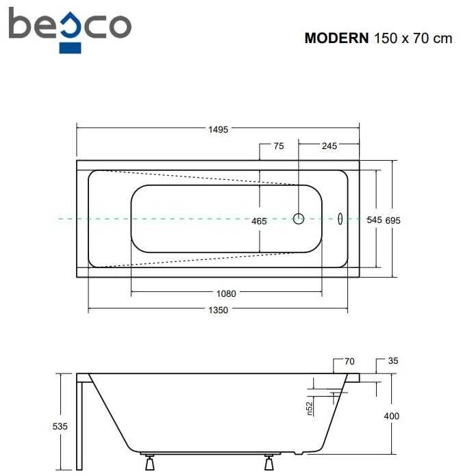 Vonia Besco Modern, 150 x 70 cm, su rifliuota juoda apdaila