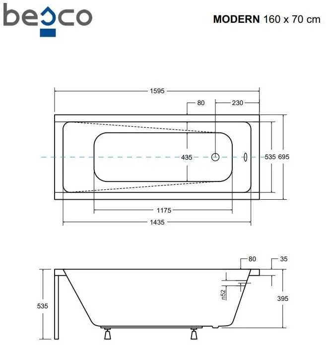 Vonia Besco Modern, 160 x 70 cm, su rifliuota juoda apdaila