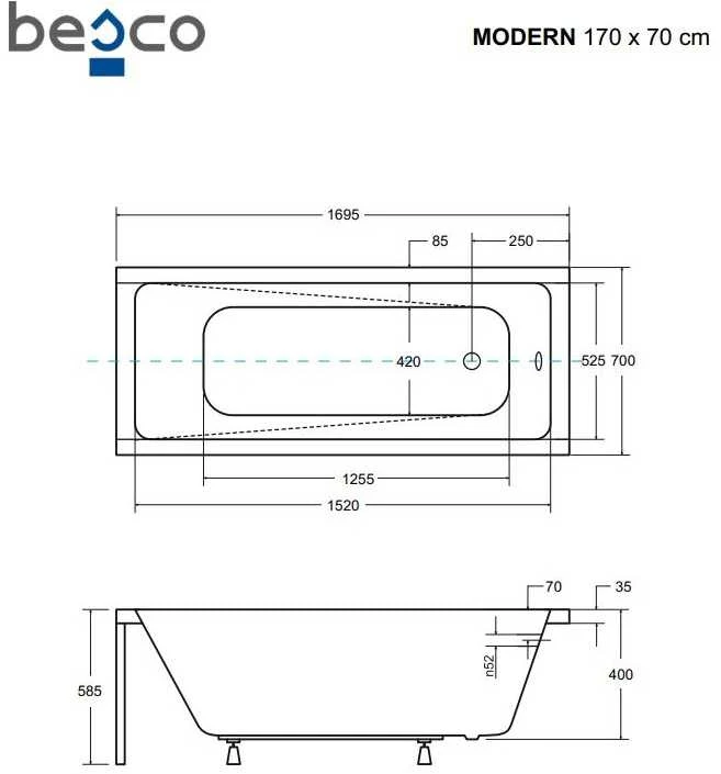 Vonia Besco Modern, 170 x 70 cm, su rifliuota juoda apdaila