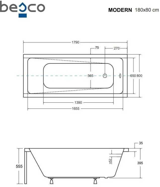Vonia Besco Modern, 180 x 80 cm, su rifliuota balta apdaila