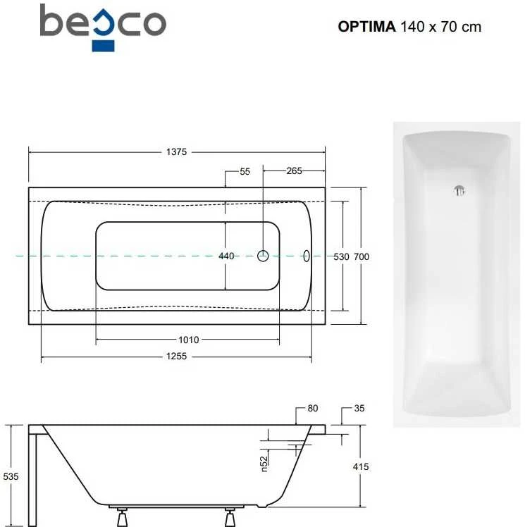 Vonia Besco Optima, 140 x 70 cm, su juoda apdaila