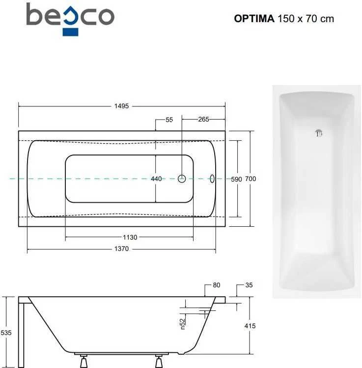 Vonia Besco Optima, 150 x 70 cm, su juoda apdaila