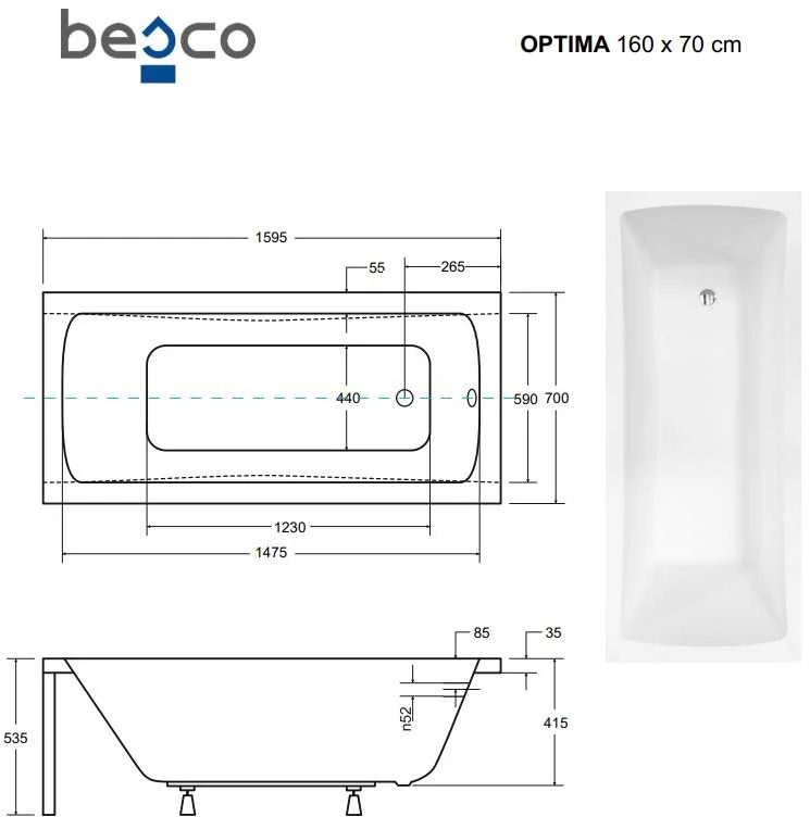 Vonia Besco Optima, 160 x 70 cm, su rifliuota juoda apdaila