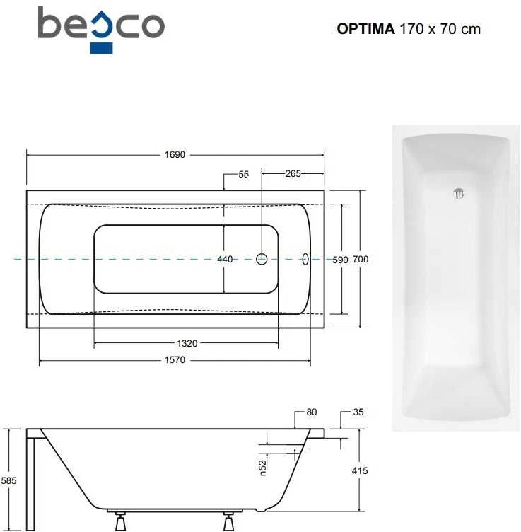 Vonia Besco Optima, 170 x 70 cm, su juoda apdaila
