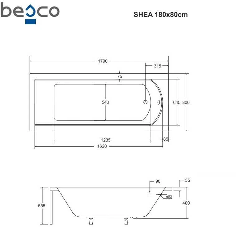 Vonia Besco Shea, 180 x 80 cm, su rifliuota balta apdaila