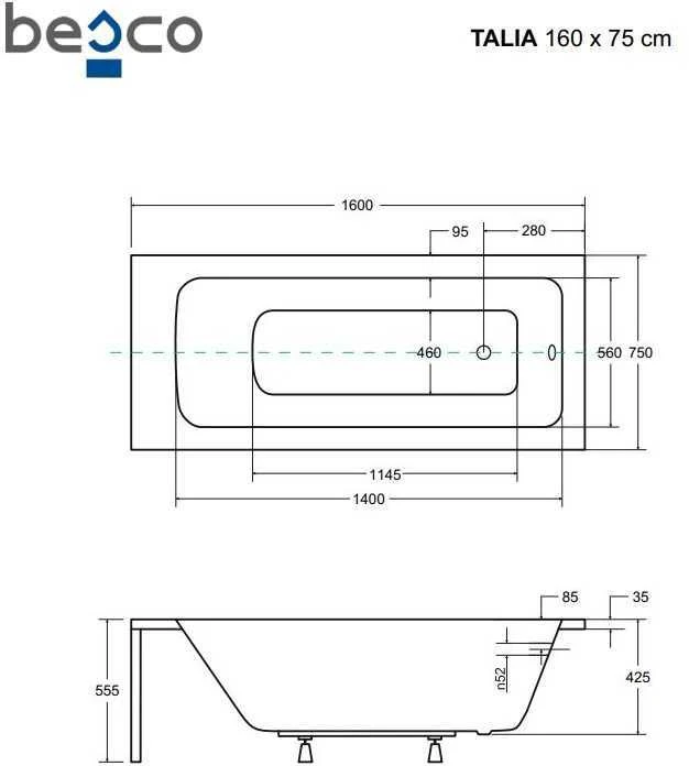 Vonia Besco Talia Premium, 160 x 75 cm, su rankenėlėmis ir pagalvėle