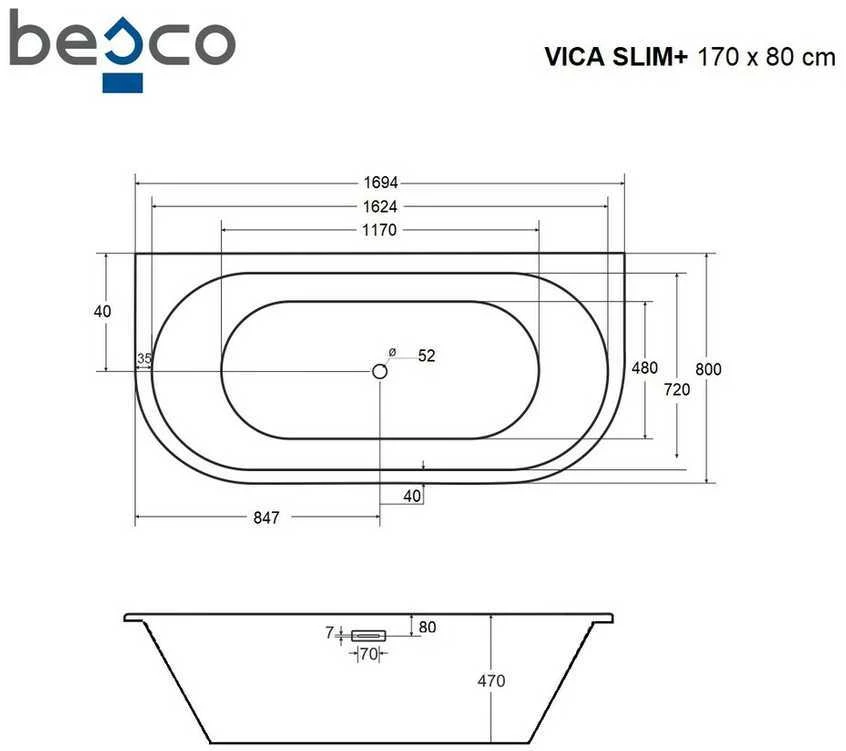 Vonia Besco Vica Slim+, 170 x 80 cm, su chrome sifonu