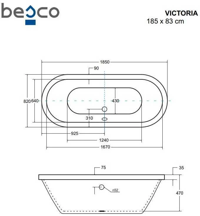 Vonia Besco Victoria, 185 x 83 cm, be apdailos, su sifonu su pripildymu baltu