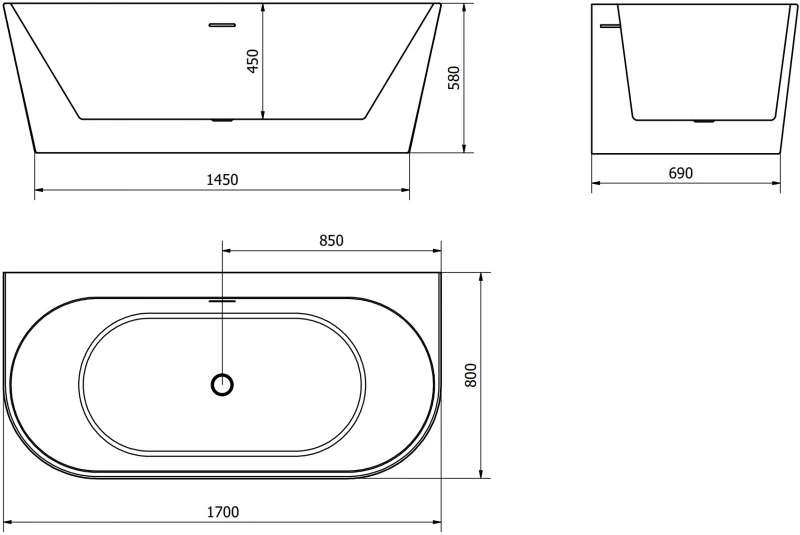 Vonia Mexen Oval+, 170 x 80 cm, Baltas + Brushed gun pilka persipylimas