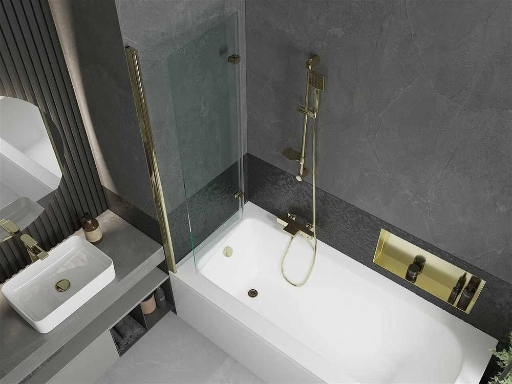 Vonia Mexen Vega su apdaila ir stiklo sienele, 150x70 cm + 120 cm (II), Baltas+Gold/Transparent