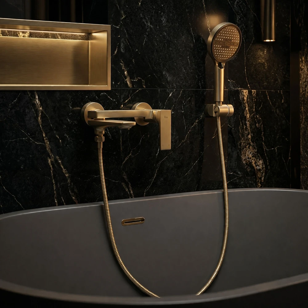 Vonios maišytuvas su dušo komplektu PREMIUM REA Prime, Brushed Gold