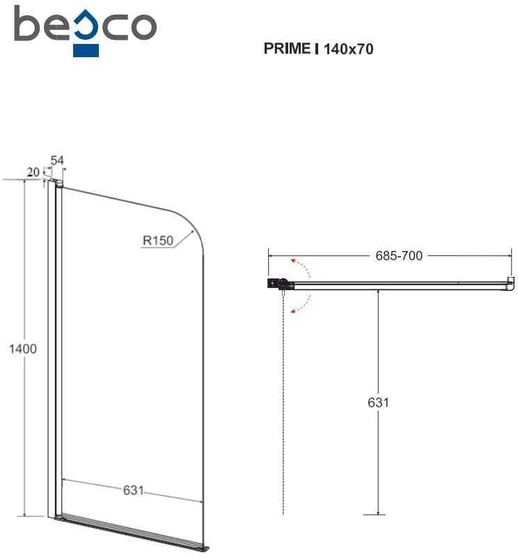 Vonios stiklo sienelė Besco Prime 1, 70x140 cm