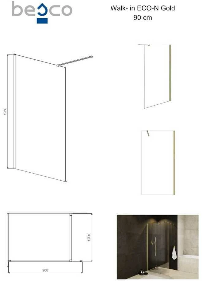 Walk-In dušo sienelė Besco Eco-N Gold, 90 x 195 cm