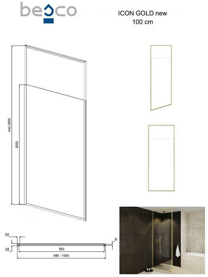 Walk-In dušo sienelė Besco Icon Gold, 100 x 200 cm