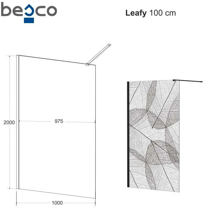 Walk-In dušo sienelė Besco Leafy Juodas, 100 x 200 cm