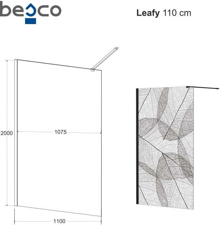Walk-In dušo sienelė Besco Leafy Juodas, 110 x 200 cm