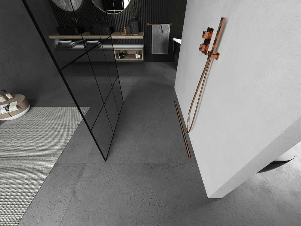 Walk-in dušo sienelė Mexen Kioto, Brushed copper, juodas raštas, 100 x 200 cm