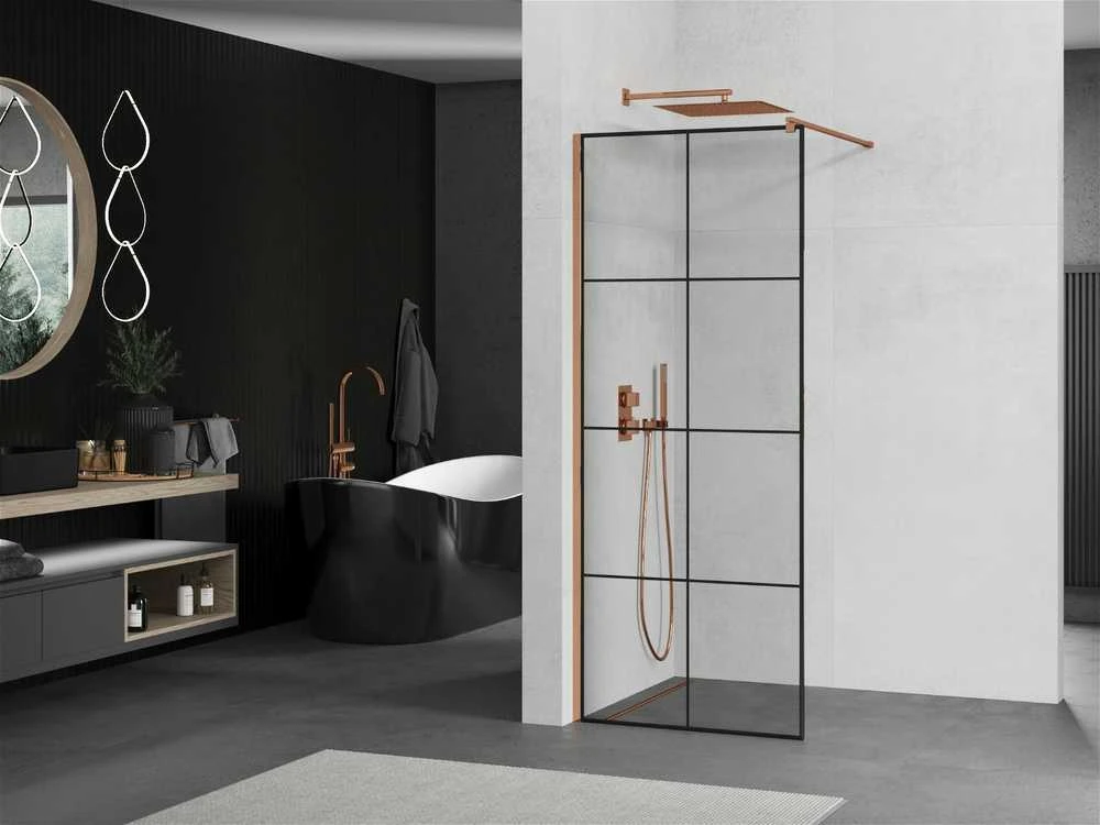 Walk-in dušo sienelė Mexen Kioto, Juodas pattern/Rose Gold, 80 x 200 cm