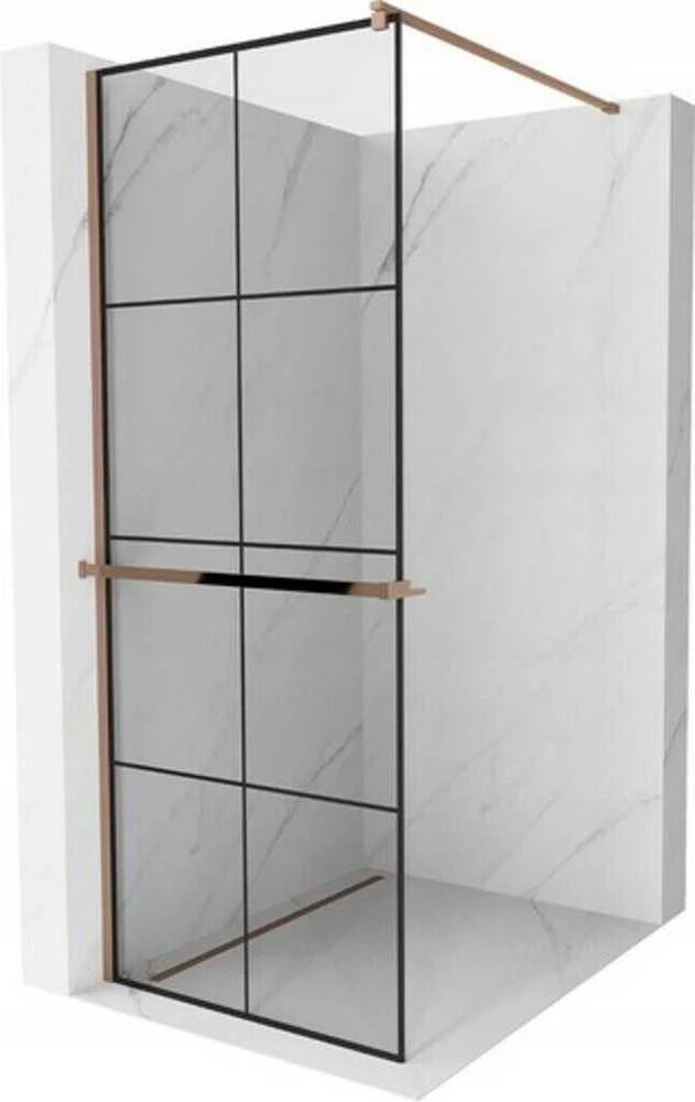 Walk-in dušo sienelė Mexen Kioto+ su lentynėle, Rose Gold/Juodas raštas, 90 x 200 cm