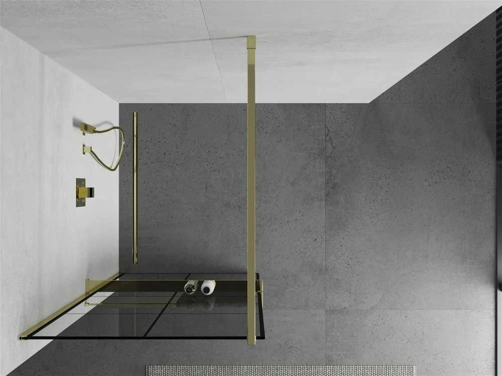 Walk-in dušo sienelė Mexen Kioto+ su lentynėle, Gold/Juodas raštas, 130 x 200 cm