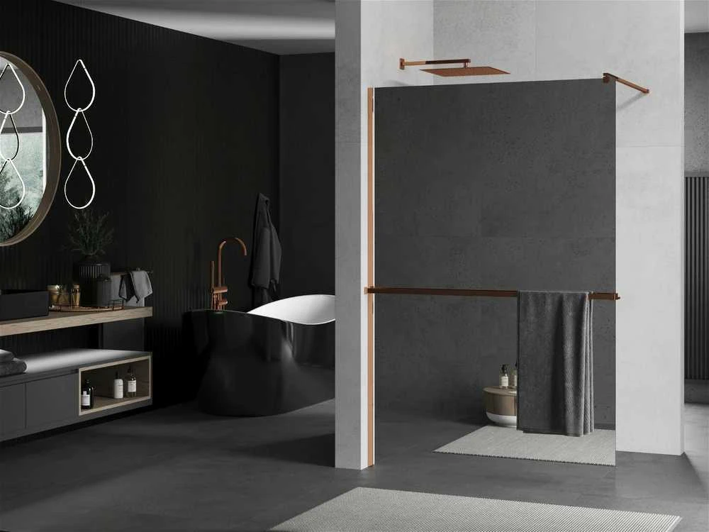 Walk-in dušo sienelė Mexen Kioto+ su lentynėle, Rose Gold/veidrodinis stiklas, 100 x 200 cm