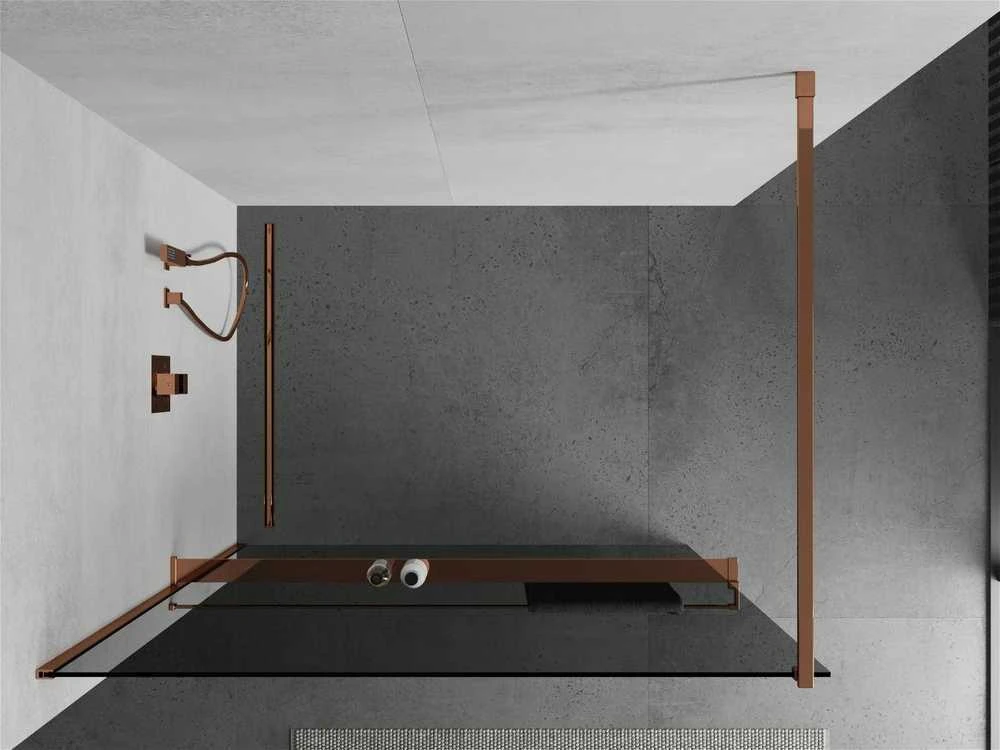 Walk-in dušo sienelė Mexen Kioto+ su lentynėle, Rose Gold/grafito stiklas, 70 x 200 cm