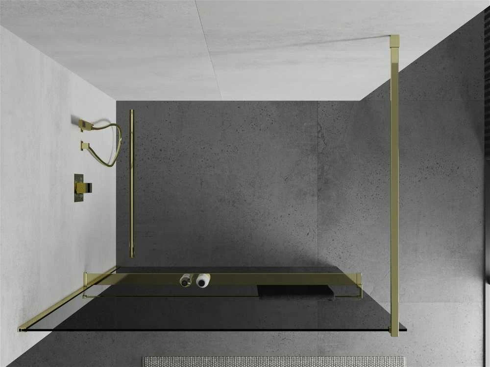Walk-in dušo sienelė Mexen Kioto+ su lentynėle, Gold/grafito stiklas, 100 x 200 cm