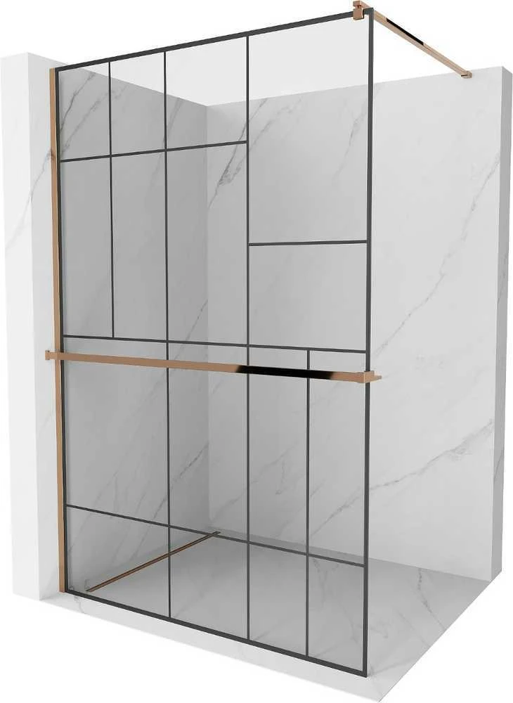 Walk-in dušo sienelė Mexen Kioto+ su lentynėle, Rose Gold/Juodas raštas, 140 x 200 cm
