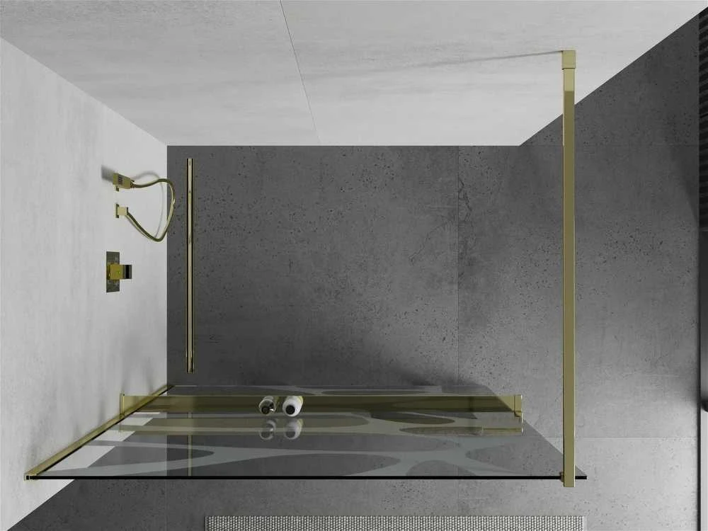 Walk-in dušo sienelė Mexen Kioto+ su lentynėle, Gold/Baltas raštas, 90 x 200 cm
