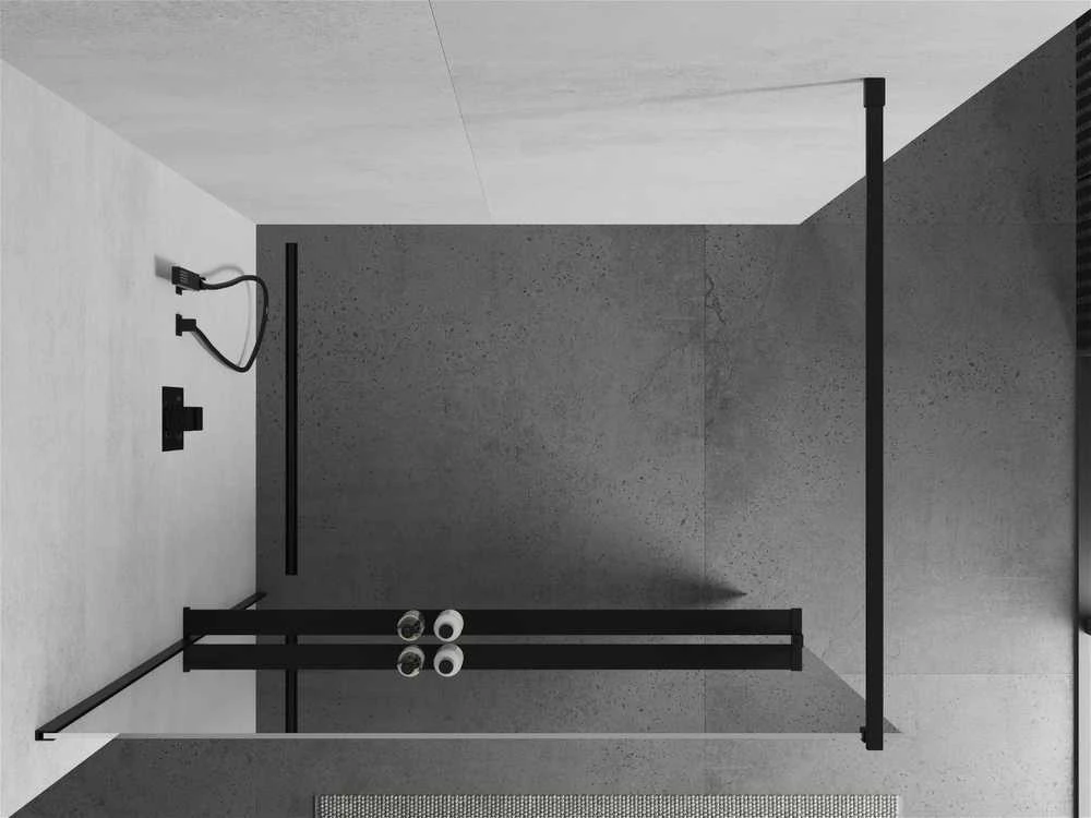 Walk-in dušo sienelė Mexen Kioto+ su lentynėle, Juodas/veidrodinis stiklas, 120 x 200 cm