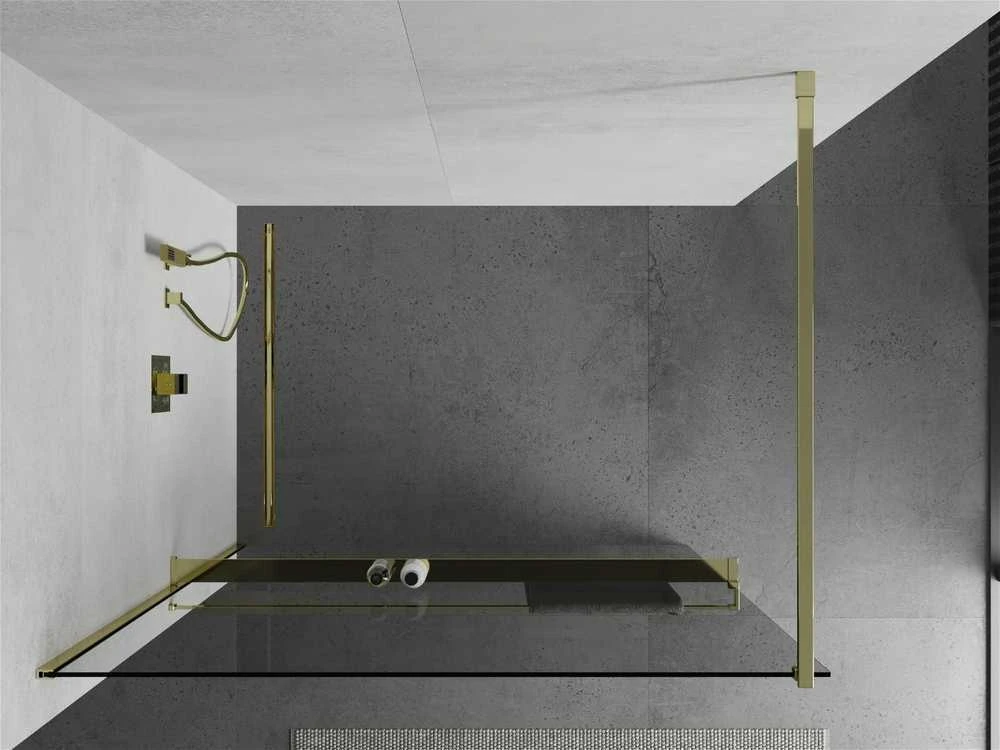 Walk-in dušo sienelė Mexen Kioto+ su lentynėle, Gold/Skraidus stiklas, 130 x 200 cm